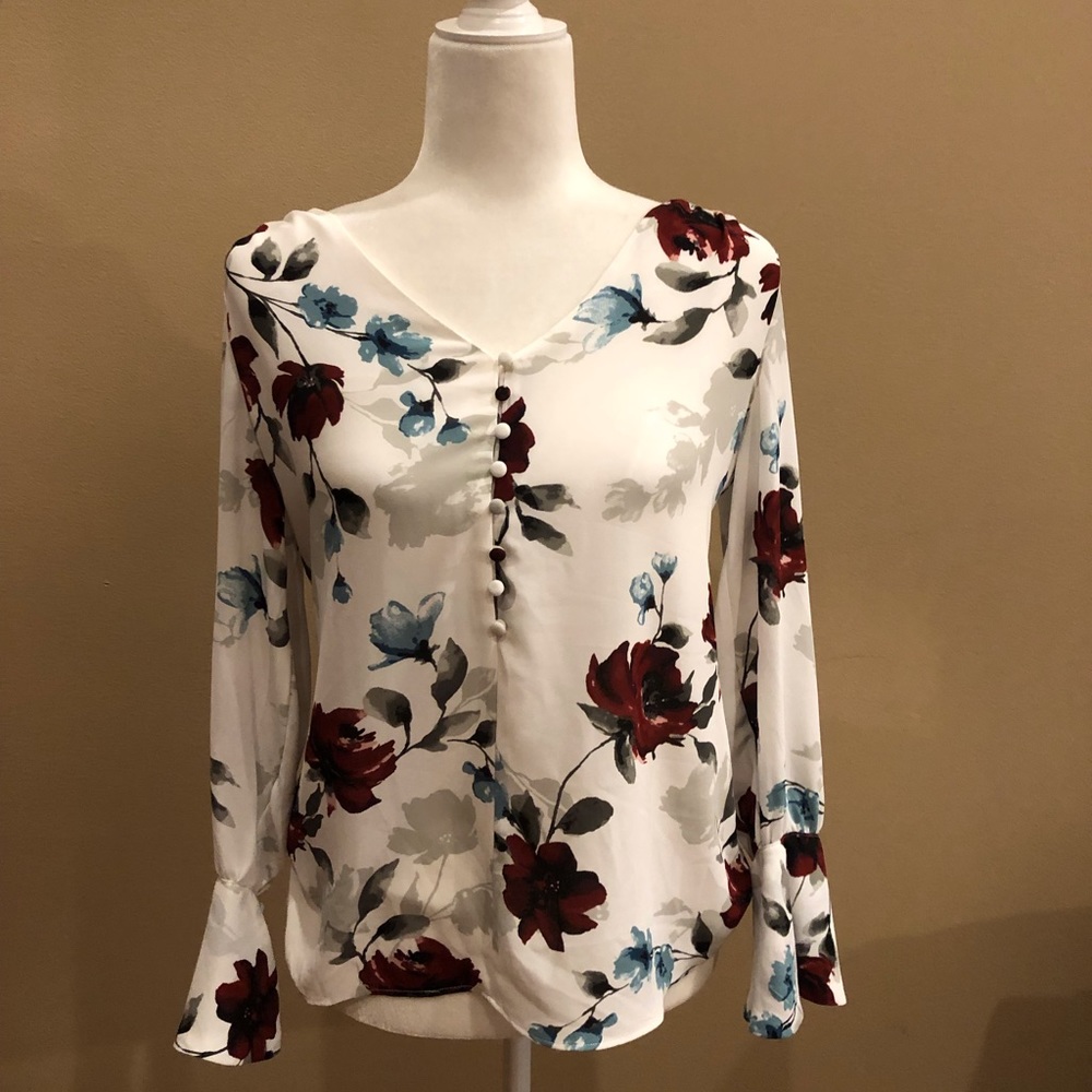 NWT White House Black Market Garnet and Ecru Floral Print Blouse, Size XS